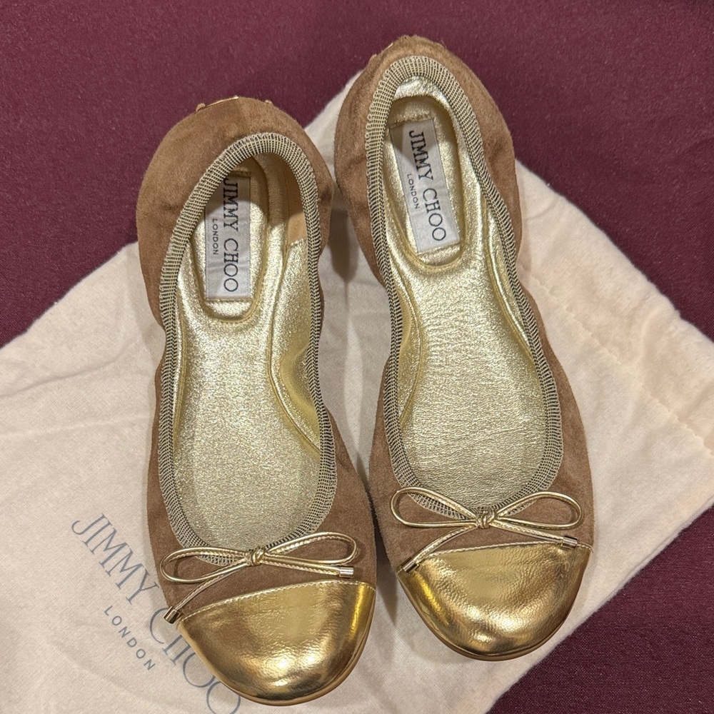 Jimmy Choo Gold and Tan Flats with Dust Bag- Like New Size 38.5